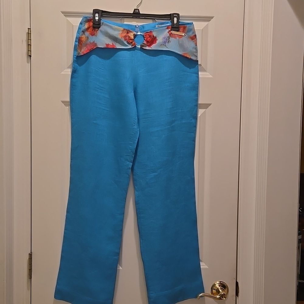Vintage 90's Euro 100% Linen Wide Straight Leg Pants 29 Blue Floral Belt O-Ring